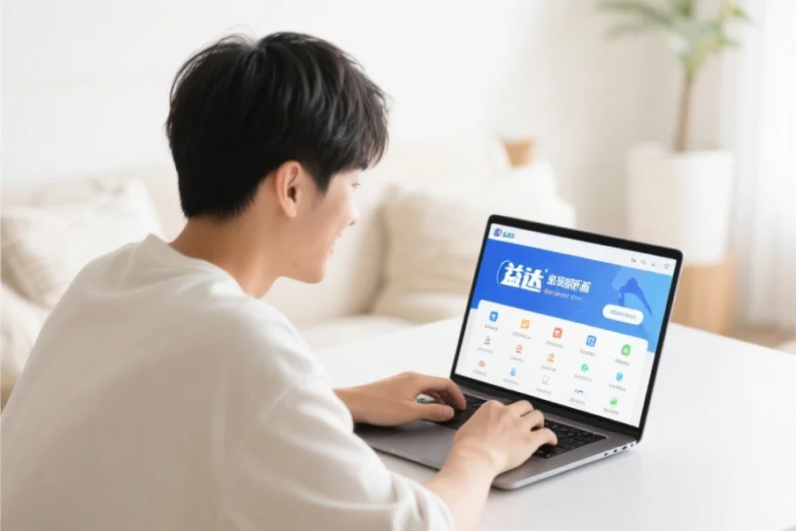 一位年轻用户在明亮舒适的室内环境中愉快地使用笔记本电脑,屏幕上展示焦点客户端新版界面